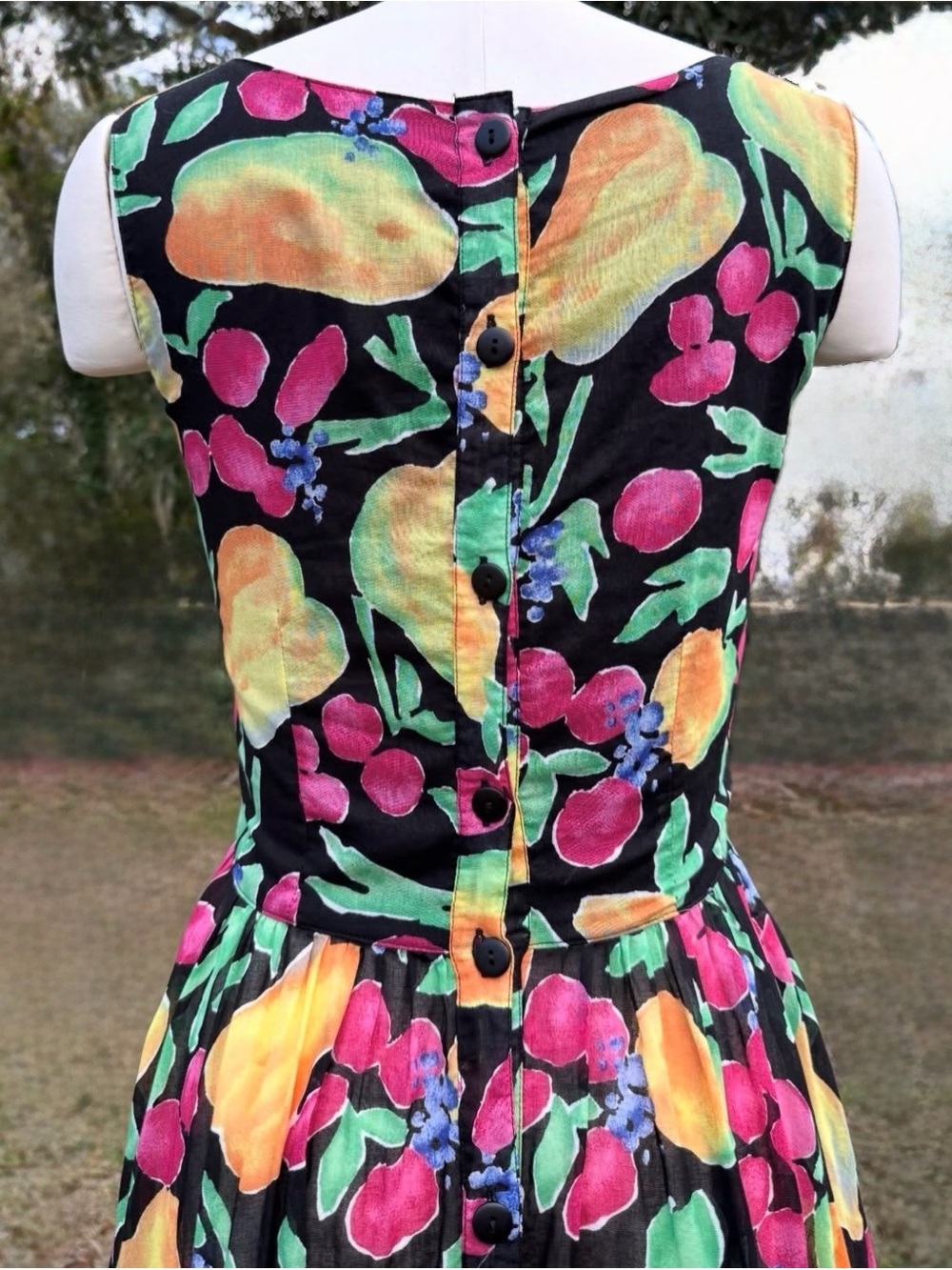 Vintage 90s Esprit Black Midi Dress with Multicolor Fruit and Floral Print - Picture 2 of 6